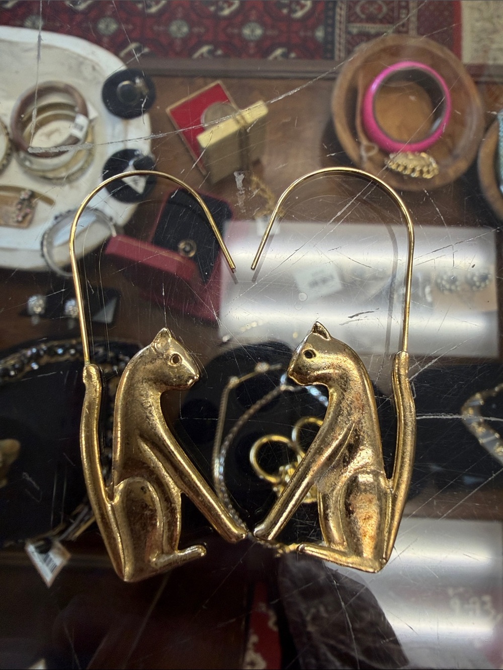 Source Unknown Gold Cat Dangle Earrings